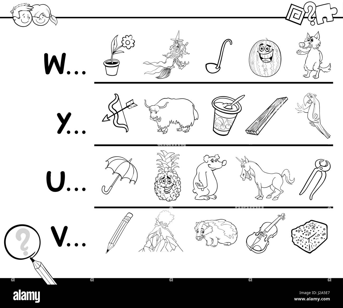 Cartoon Illustration of Finding Picture Starting with Referred Letter Educational Game for Preschool Children for Coloring Stock Vector