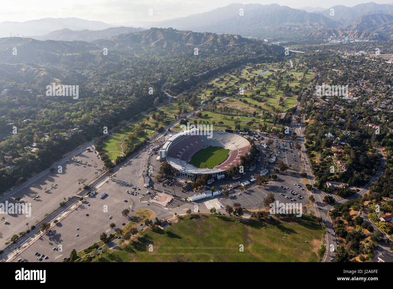 Pasadena, California, USA - April 12, 2017:  Aerial view of the historic Rose Bowl Stadium near Los Angeles. Stock Photo