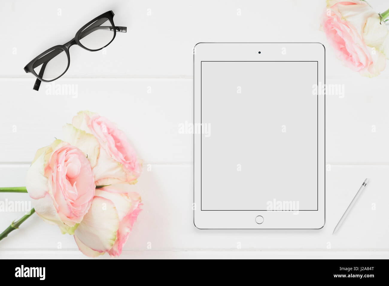 Portrait Tablet Mockup Floral styled Mockup, overlay your design, quote, business message onto the tablet screen Stock Photo