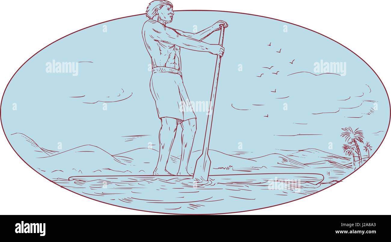 Drawing sketch style illustration of a guy on a stand up paddle board paddle boarding holding paddling oar with tropical island in the background done Stock Vector