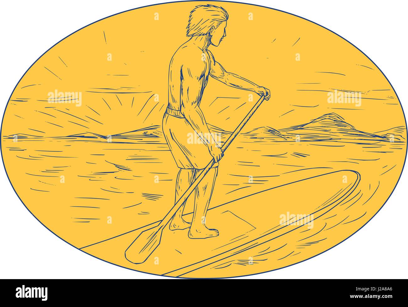 Drawing sketch style illustration of a dude on a stand up paddle board holding paddling oar with island and sunset in the background done set inside o Stock Vector