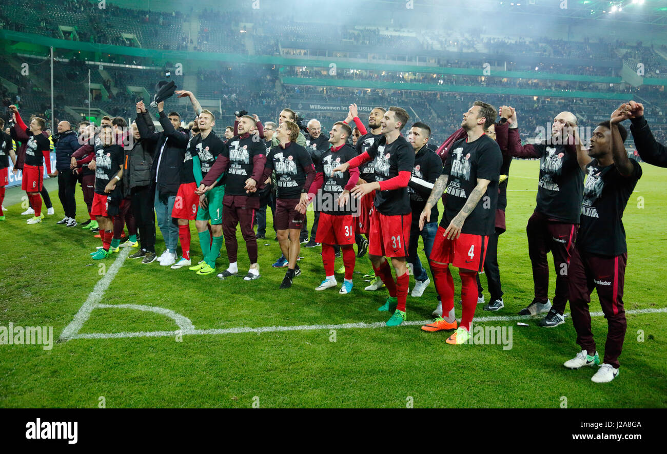 sports, football, DFB Cup, 2016/2017, Round 5, semifinal, Borussia Moenchengladbach vs Eintracht Frankfurt 7:8 on penalties, Stadium Borussia Park, Frankfurt players rejoicing at the win and the entry to the DFB Cup final 2017 in Berlin Stock Photo