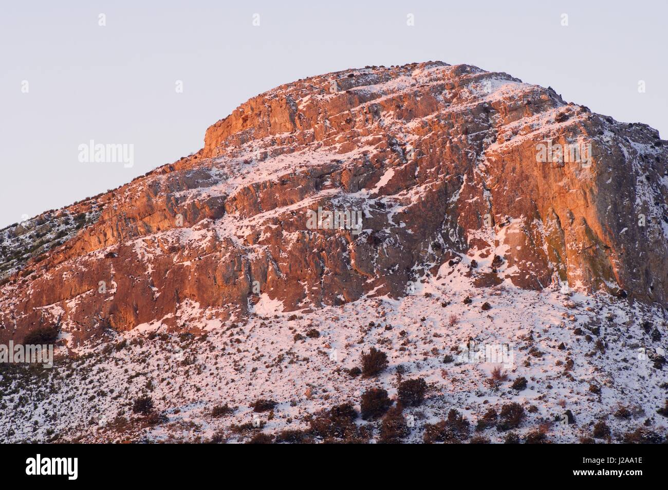 Snowy landscape at sunrise, Zaragoza Province, Aragon, Spain Stock Photo