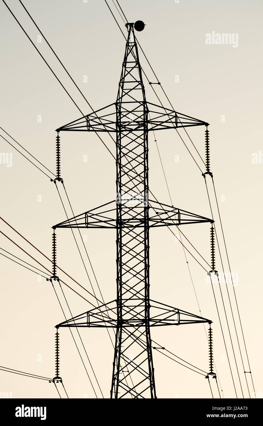 silhouette of  a high voltage tower, El Buste, Saragosa, Aragon, Spain Stock Photo