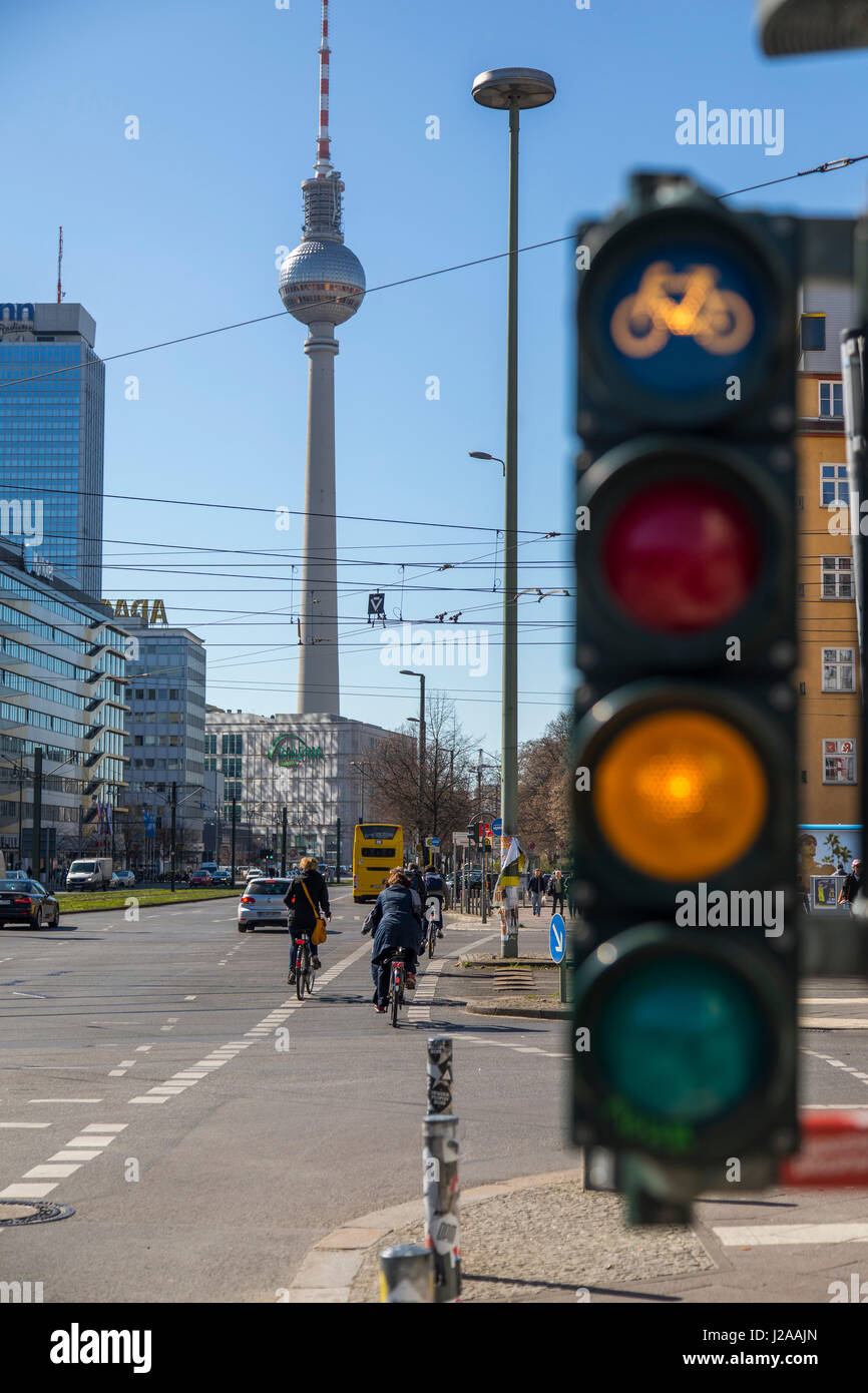 Bicycle traffic light,  at a crossroads in Berlin, Karl-Liebknecht-Stra§e, Germany, cycle track, bicycle track, Stock Photo