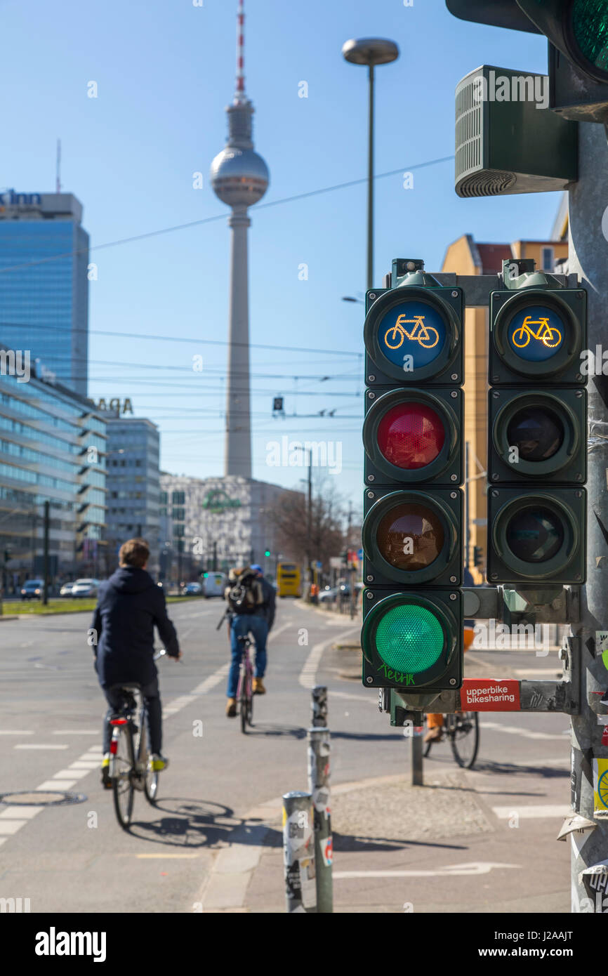 Bicycle traffic light,  at a crossroads in Berlin, Karl-Liebknecht-Stra§e, Germany, cycle track, bicycle track, Stock Photo