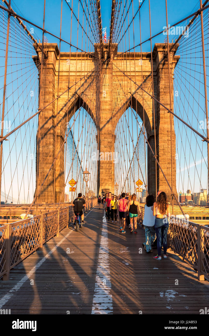 The Brooklyn Bridge at sunset in New York, NY. Stock Photo
