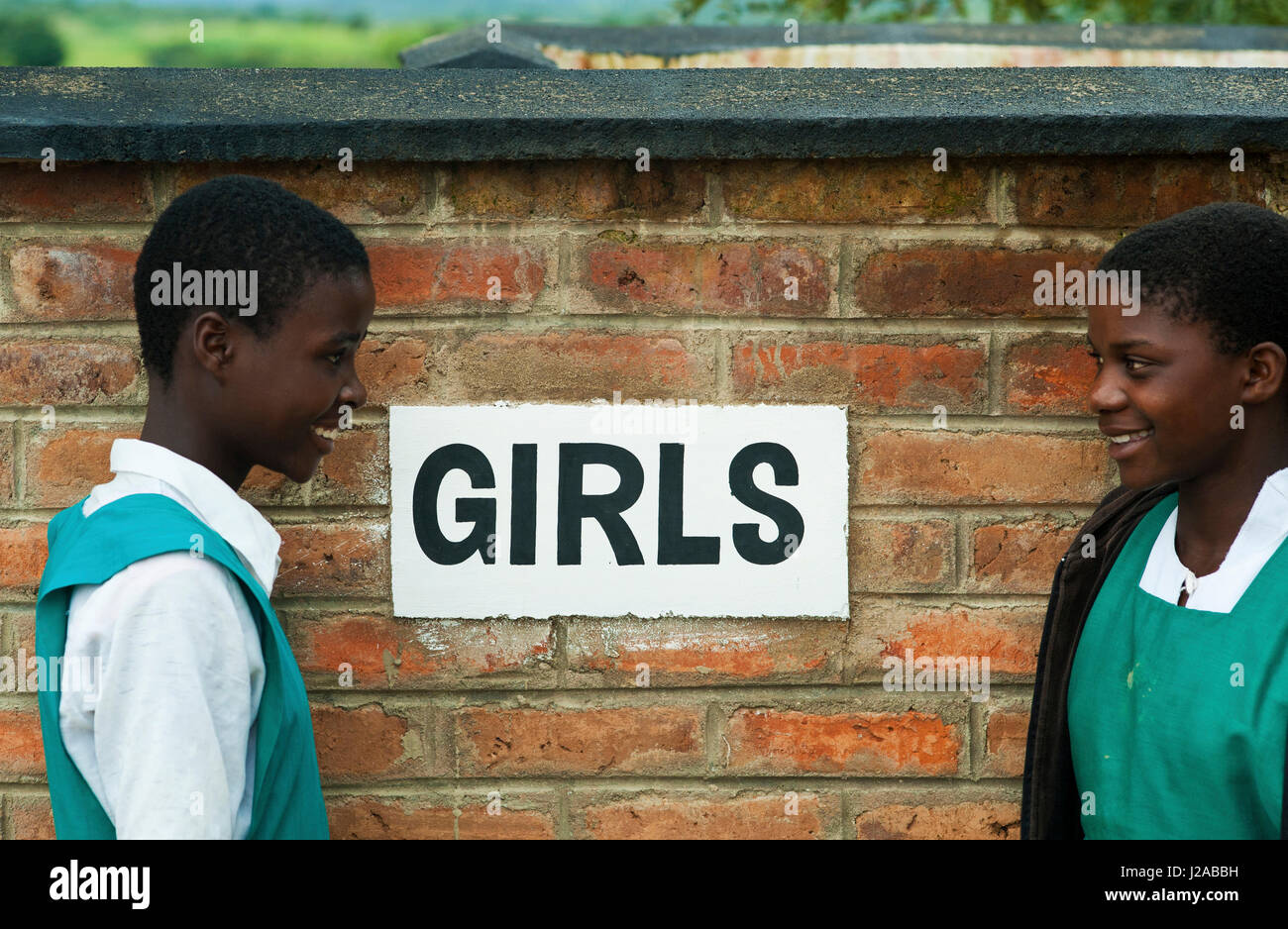Malawi, Mzimba district, Thundwe Primary School, Twelve year old Alice Mwale and 13 year old Phoebe Lukhere at Thundwe Junior Primary School. The sanitary and hand washing facilities were provided by UNICEF. Stock Photo