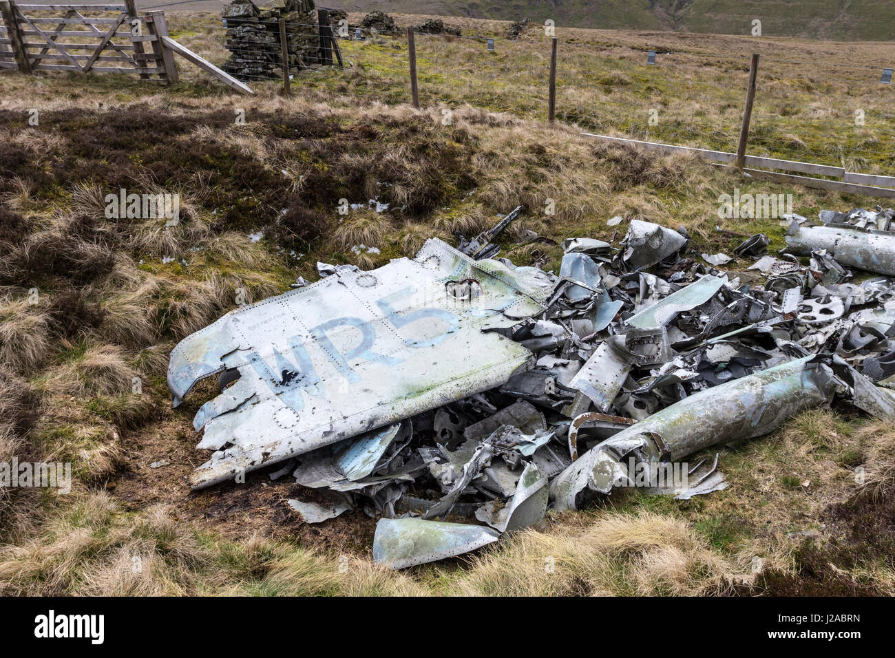 The wreckage of an RAF, De Havilland Venom Mk4, Serial No WR557, of No.22 Maintenance Unit which crashed near Farlam Currick in 1957 Stock Photo