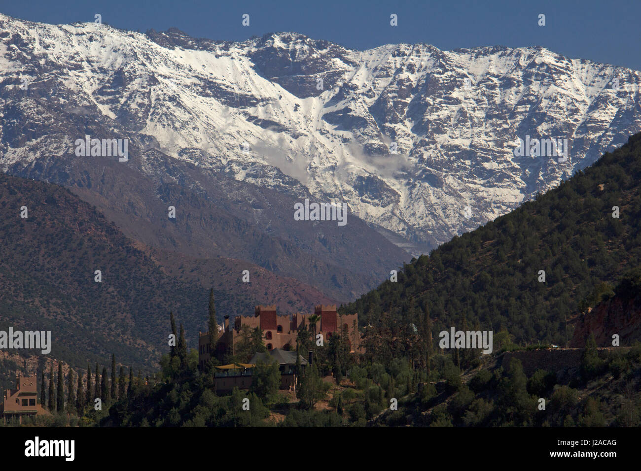 Morocco, Asni. View of the Atlas Mountains and Richard Branson's Moroccan Retreat, Kasbah Tamadot. Stock Photo