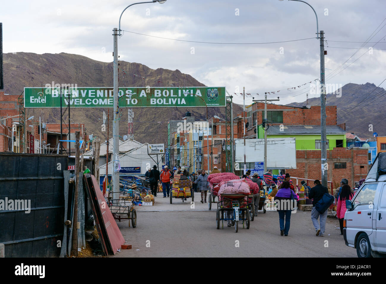 Peru, Puno, Desaguadero, Peru / Bolivia border at Desaguadero Stock