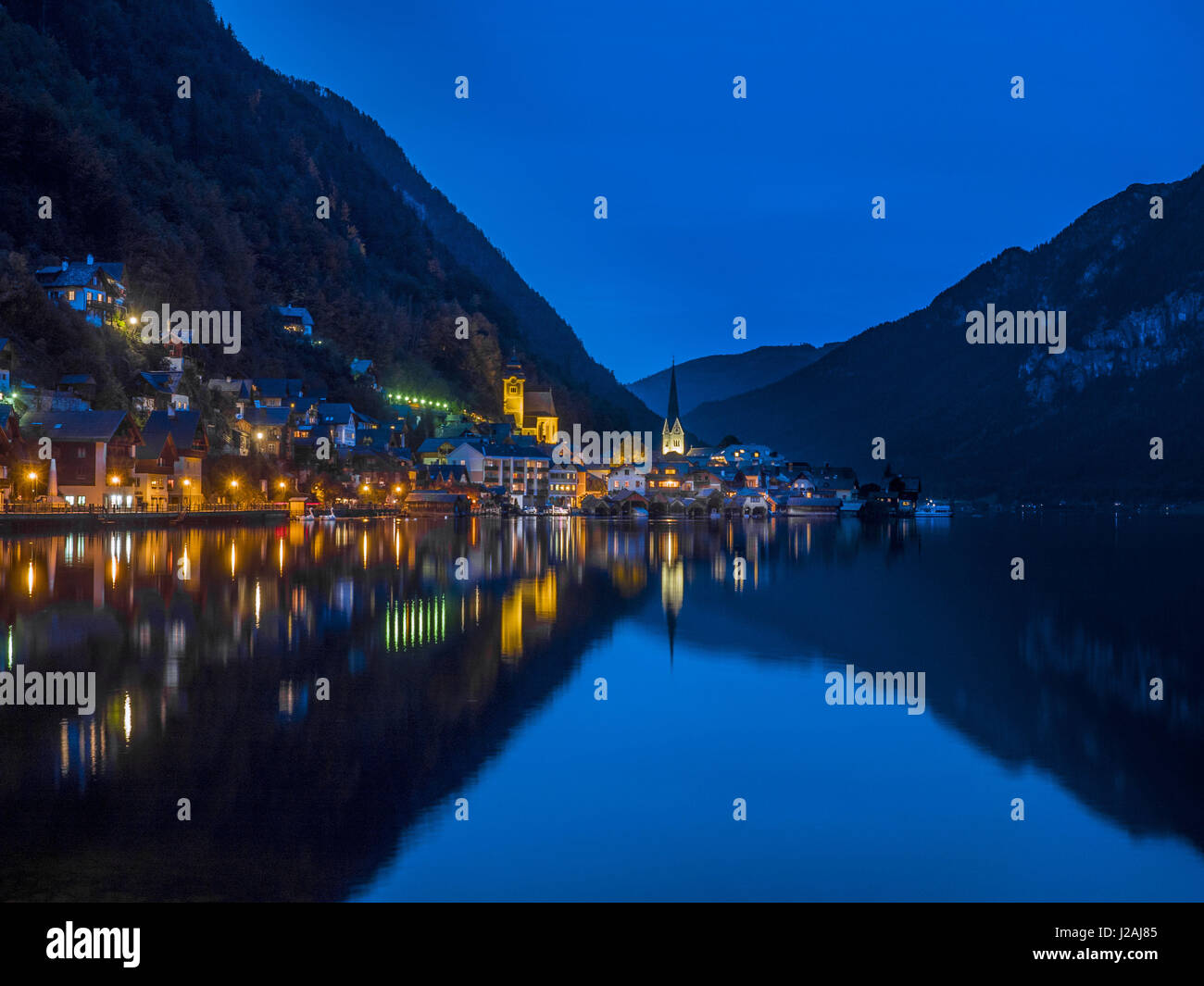 Village of Hallstatt at Night, Lake Hallstatt, Austria, Europe Stock ...