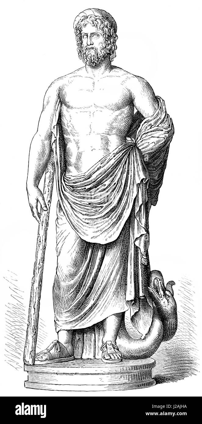 Statue of Asclepius with his serpent-entwined staff Stock Photo