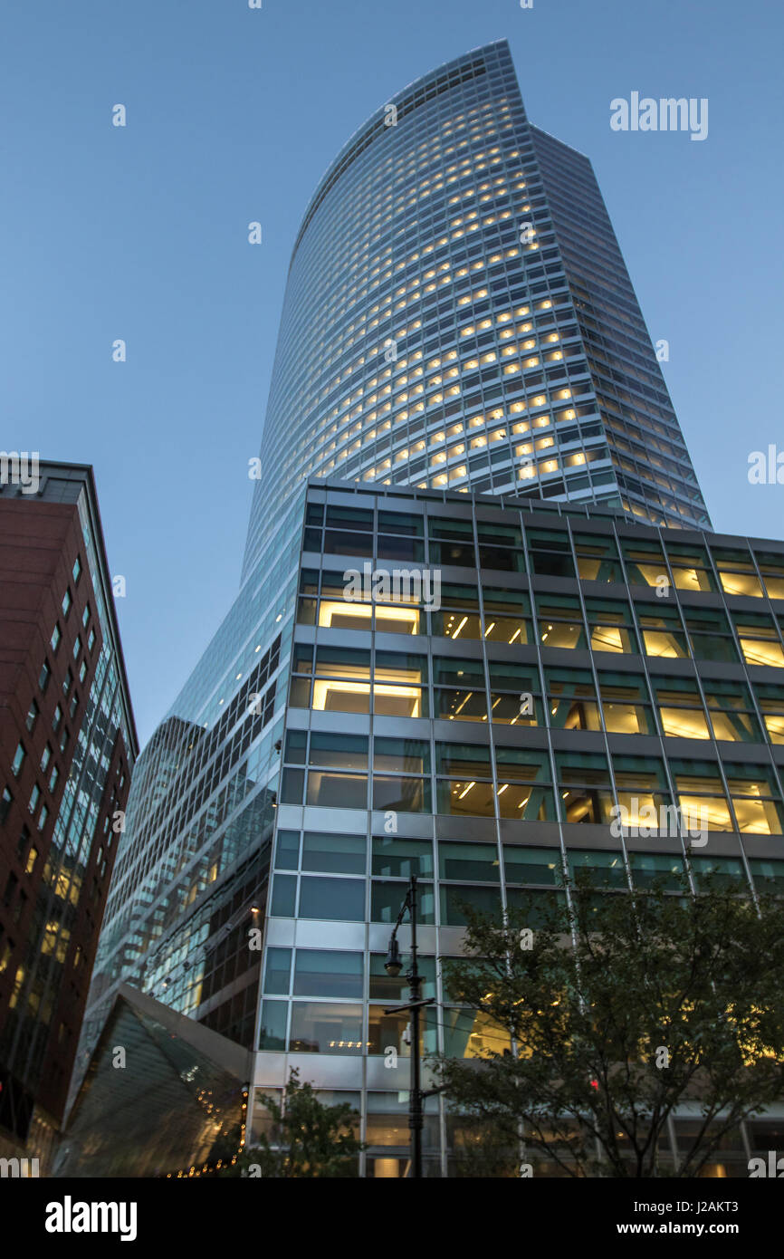 Goldman Sachs main office building at 200 West street in the evening as seen from Vesey Street. Stock Photo