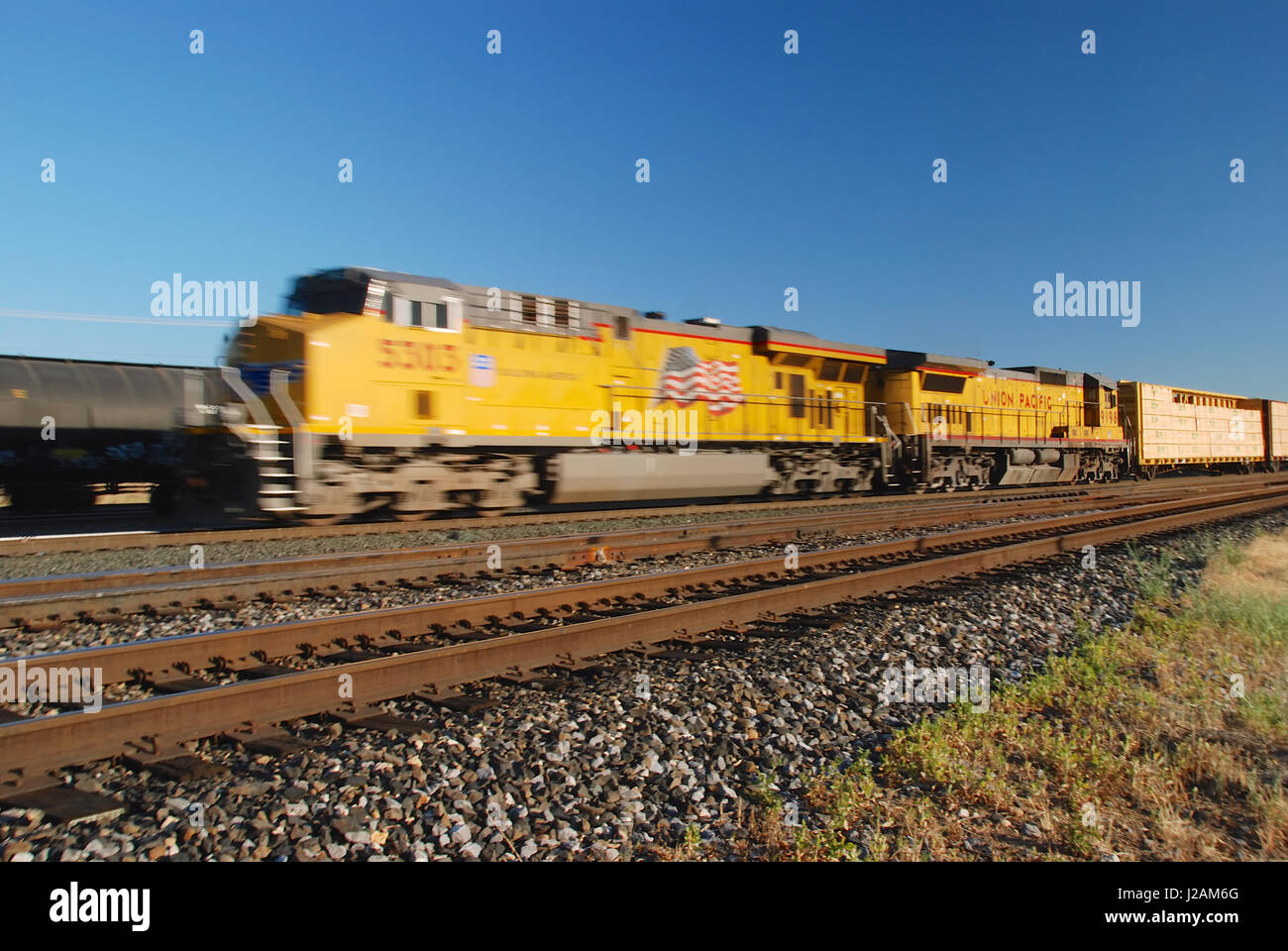 Union Pacific freight train at Roseville, Placer County, California, USA Stock Photo