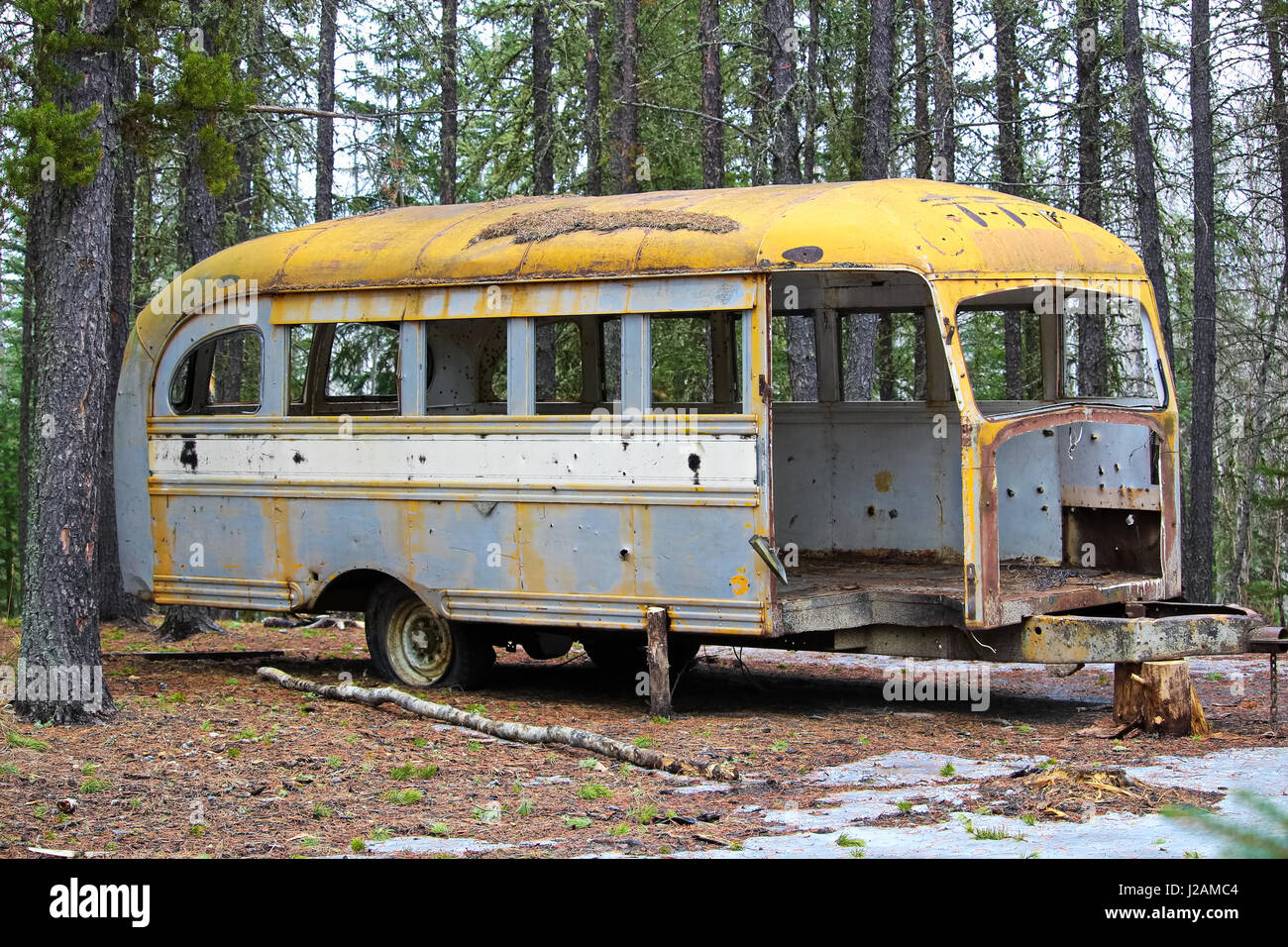 Stripped abandoned bus at a hunters camp on crown land. Stock Photo