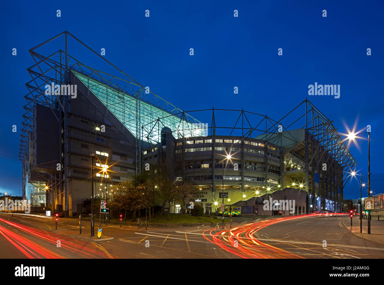 An external view at night of St James' Park football stadium, Newcastle upon Tyne, England, United Kingdom Stock Photo