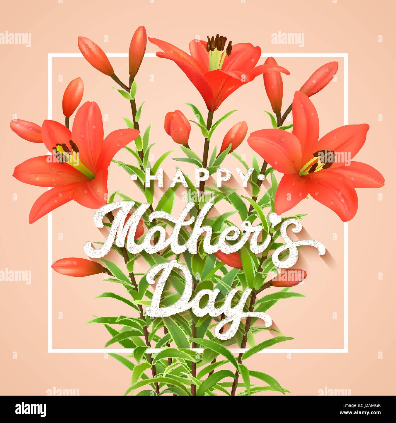 Happy Mothers Day. Greeting card with realistic red lilies and glitter