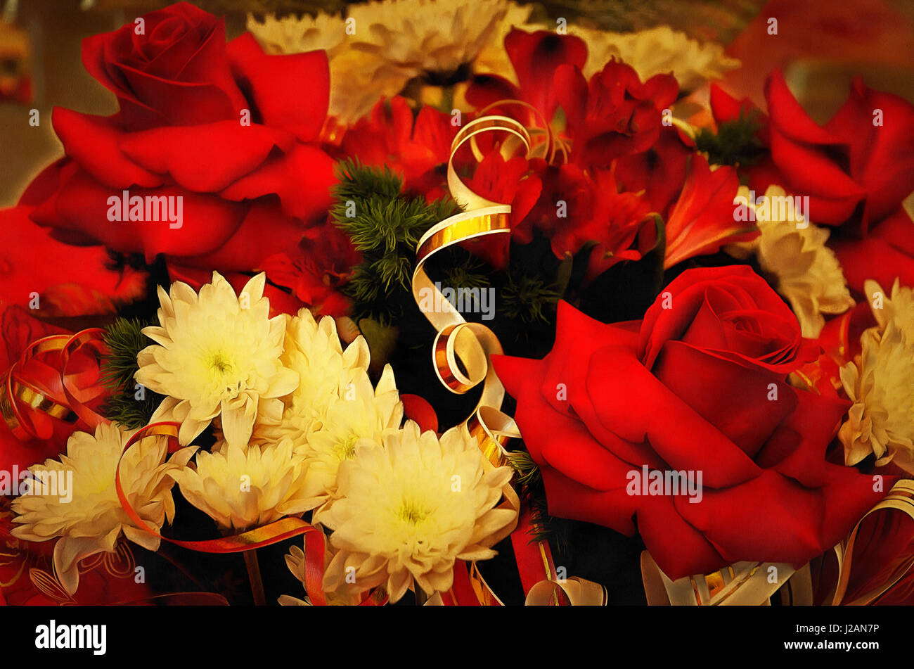 Illustrations flowers, bouquet, Aquarelle, roses, red roses, Rose , (Latin Rosa), Chrysanthemum Stock Photo