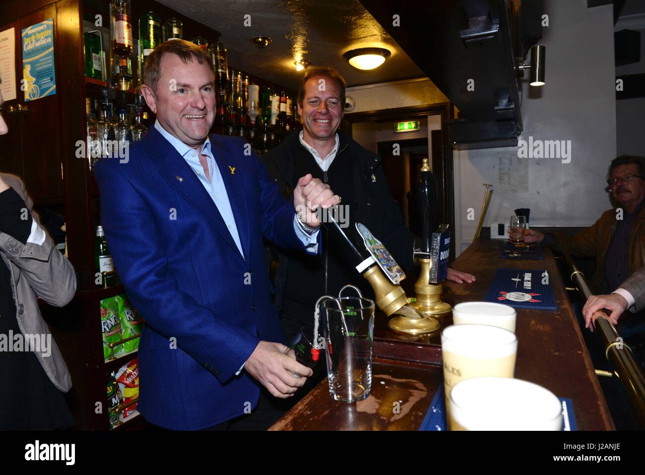 Sir Gary Verity of Welcome to Yorkshire with Tour De France general director Christian Prudhomme (right) in a pub promoting the Tour De Yorkshire. Stock Photo