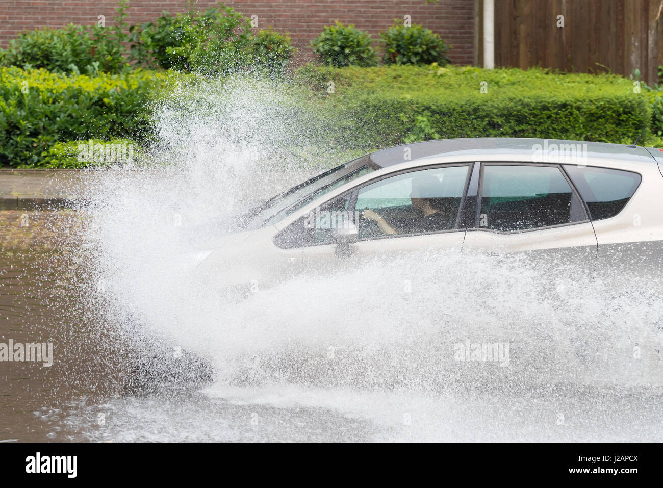 car drives through a flooded street Stock Photo - Alamy