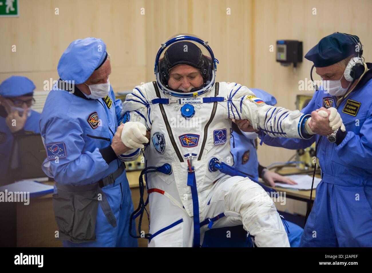 NASA International Space Station Expedition 51 prime crew member Russian cosmonaut Fyodor Yurchikhin of Roscosmos has his Russian Sokol launch and entry spacesuit pressure-checked in preparation for the Soyuz MS-04 launch at the Baikonur Cosmodrome April 20, 2017 in Baikonur, Kazakhstan.     (photo by Aubrey Gemignani /NASA  via Planetpix) Stock Photo
