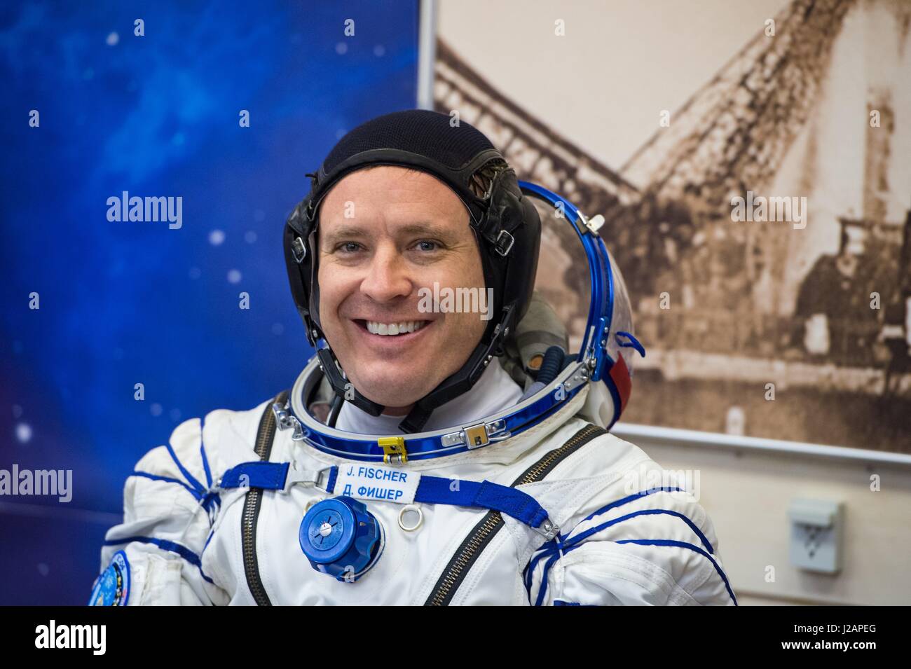 NASA International Space Station Expedition 51 prime crew member American astronaut Jack Fischer has his Russian Sokol launch and entry spacesuit pressure-checked in preparation for the Soyuz MS-04 launch at the Baikonur Cosmodrome April 20, 2017 in Baikonur, Kazakhstan.     (photo by Andrey Shelepin/NASA  via Planetpix) Stock Photo