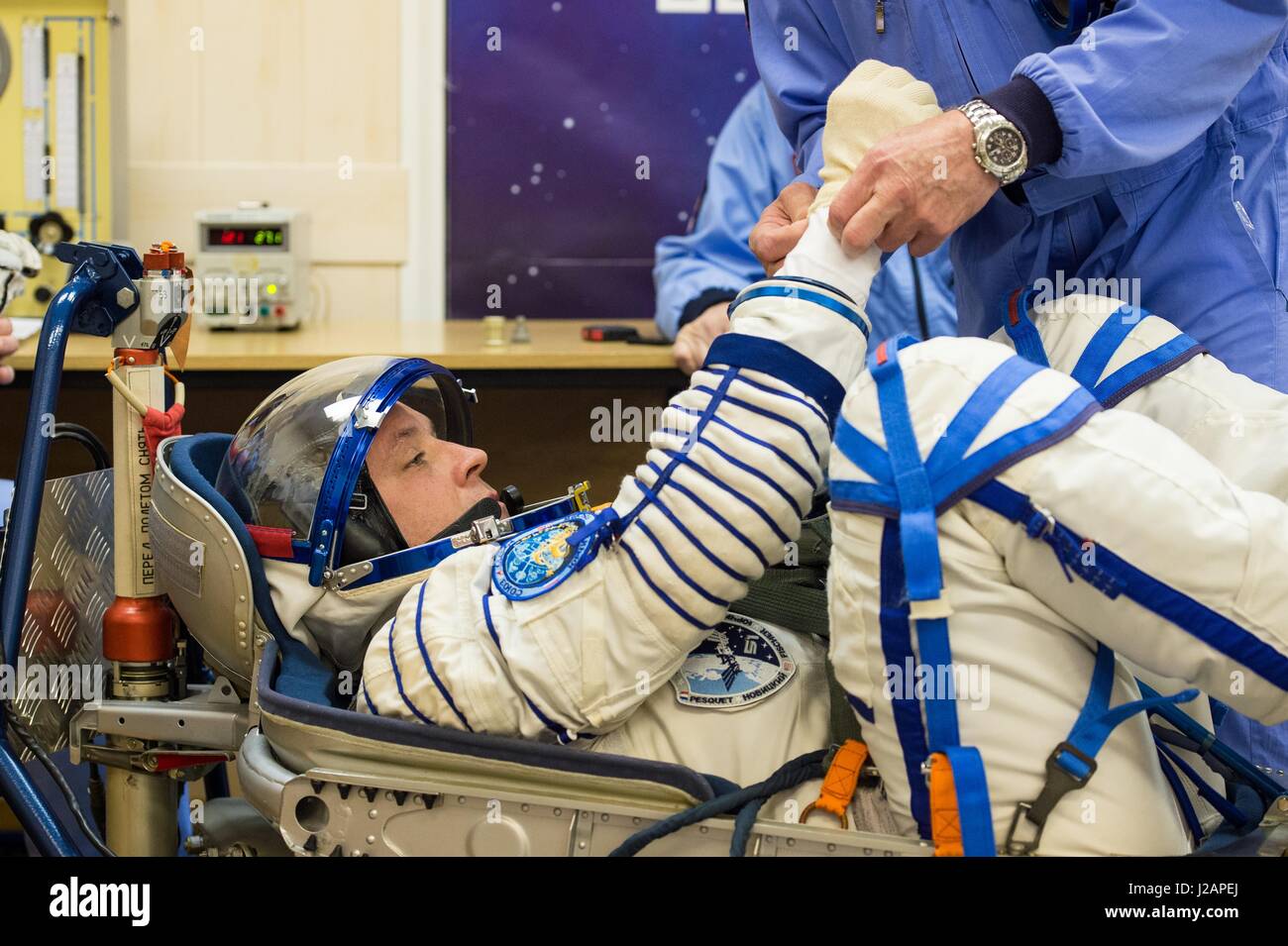 NASA International Space Station Expedition 51 prime crew member American astronaut Jack Fischer has his Russian Sokol launch and entry spacesuit pressure-checked in preparation for the Soyuz MS-04 launch at the Baikonur Cosmodrome April 20, 2017 in Baikonur, Kazakhstan.     (photo by Andrey Shelepin/NASA  via Planetpix) Stock Photo