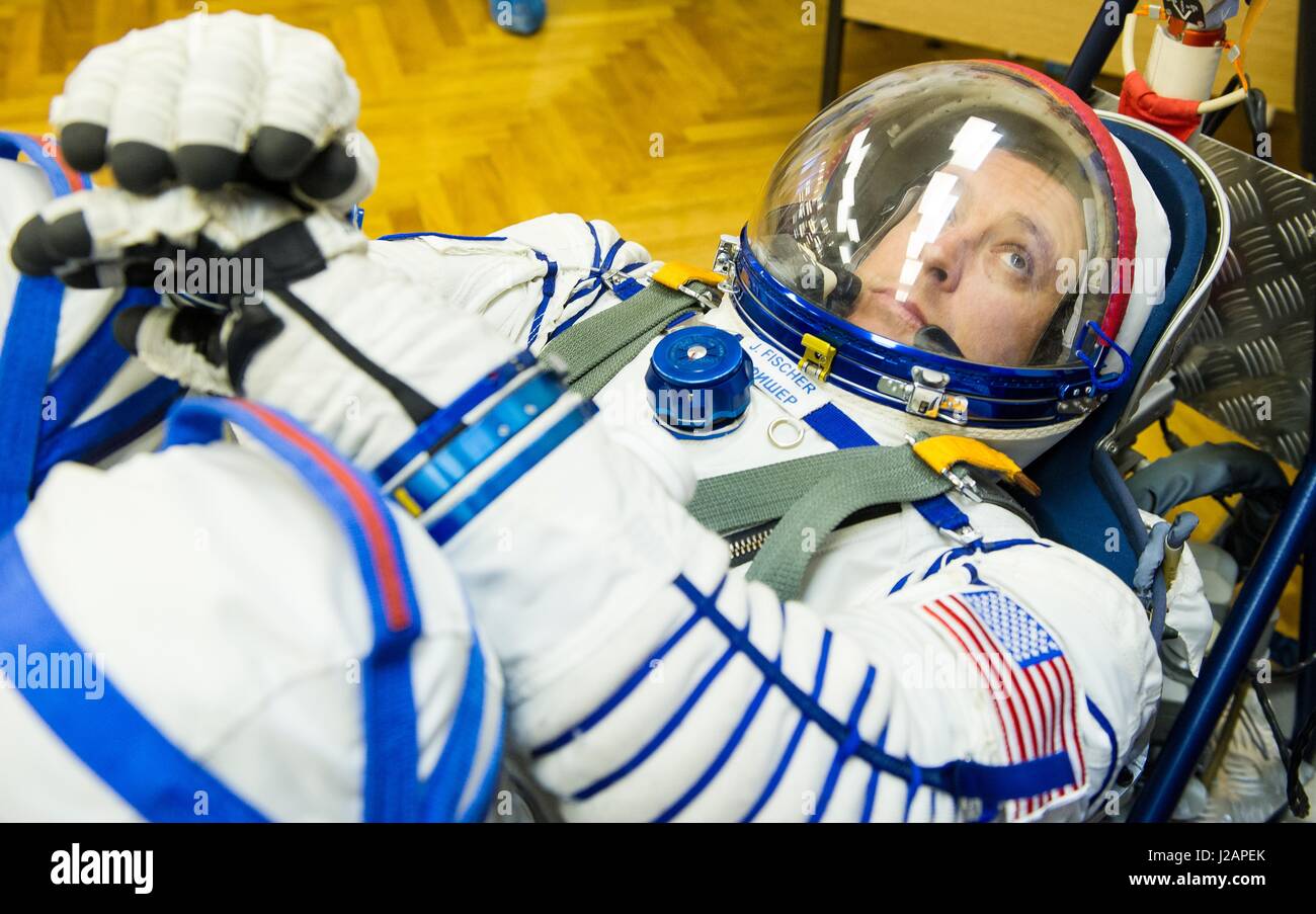 NASA International Space Station Expedition 51 prime crew member American astronaut Jack Fischer has his Russian Sokol launch and entry spacesuit pressure-checked in preparation for the Soyuz MS-04 launch at the Baikonur Cosmodrome April 20, 2017 in Baikonur, Kazakhstan.     (photo by Andrey Shelepin/NASA  via Planetpix) Stock Photo