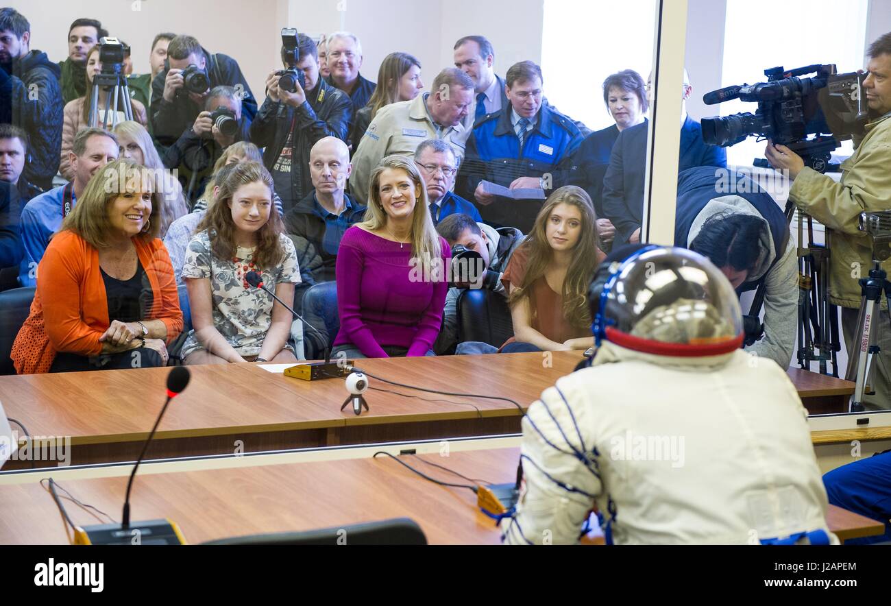 NASA International Space Station Expedition 51 prime crew member American astronaut Jack Fischer speaks with his family after having his Russian Sokol launch and entry spacesuit pressure-checked in preparation for the Soyuz MS-04 launch at the Baikonur Cosmodrome April 20, 2017 in Baikonur, Kazakhstan.     (photo by Andrey Shelepin/NASA  via Planetpix) Stock Photo