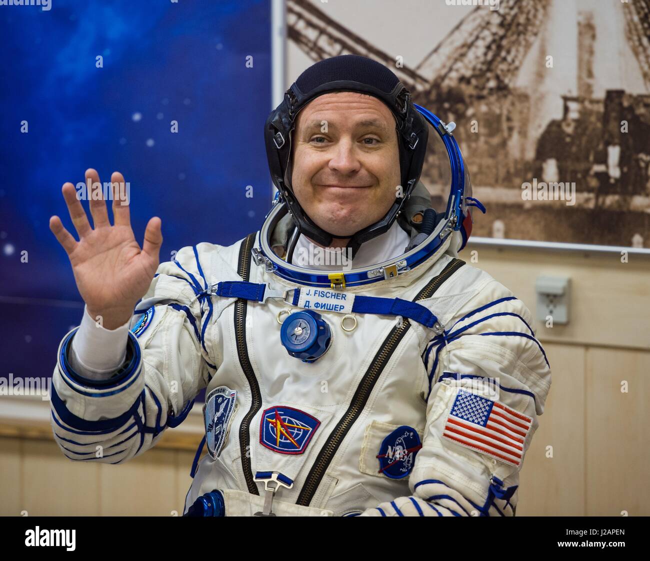 NASA International Space Station Expedition 51 prime crew member American astronaut Jack Fischer has his Russian Sokol launch and entry spacesuit pressure-checked in preparation for the Soyuz MS-04 launch at the Baikonur Cosmodrome April 20, 2017 in Baikonur, Kazakhstan.     (photo by Aubrey Gemignani /NASA  via Planetpix) Stock Photo