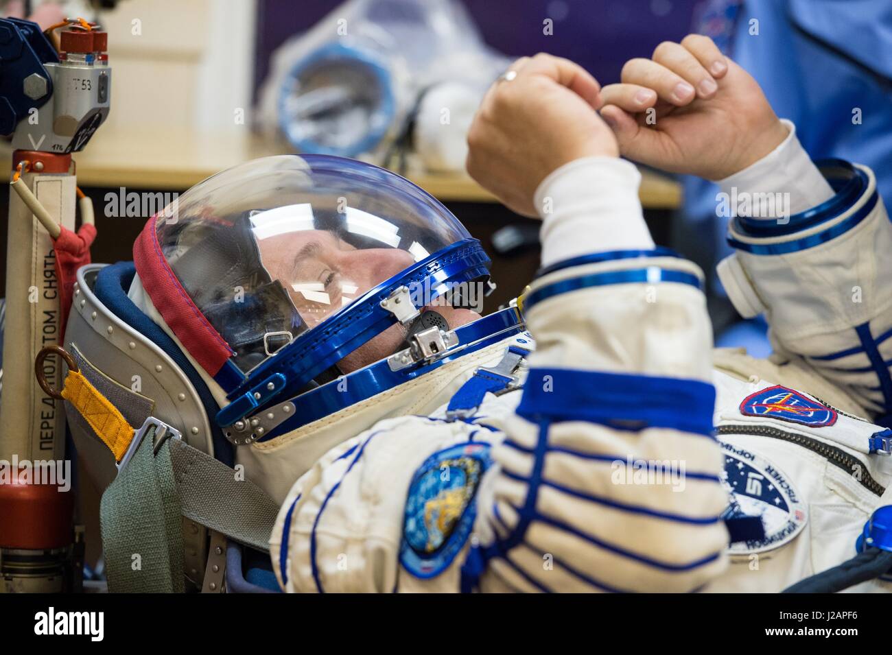 NASA International Space Station Expedition 51 prime crew member Russian cosmonaut Fyodor Yurchikhin of Roscosmos has his Russian Sokol launch and entry spacesuit pressure-checked in preparation for the Soyuz MS-04 launch at the Baikonur Cosmodrome April 20, 2017 in Baikonur, Kazakhstan.   (photo by Andrey Shelepin /NASA via Planetpix) Stock Photo