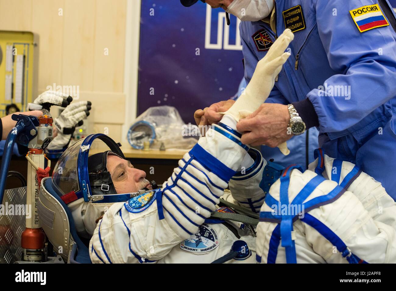 NASA International Space Station Expedition 51 prime crew member Russian cosmonaut Fyodor Yurchikhin of Roscosmos has his Russian Sokol launch and entry spacesuit pressure-checked in preparation for the Soyuz MS-04 launch at the Baikonur Cosmodrome April 20, 2017 in Baikonur, Kazakhstan.   (photo by Andrey Shelepin /NASA via Planetpix) Stock Photo