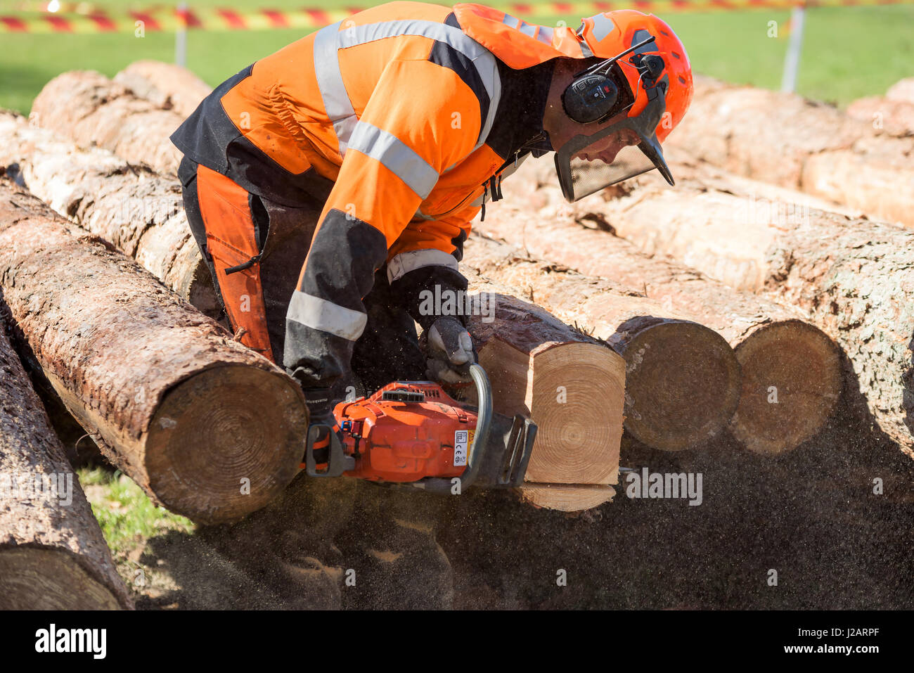 Brakne Hoby, Sweden - April 22, 2017: Documentary of small public farmers day. Young timberman demonstrating how to use a chain saw on a log. Stock Photo