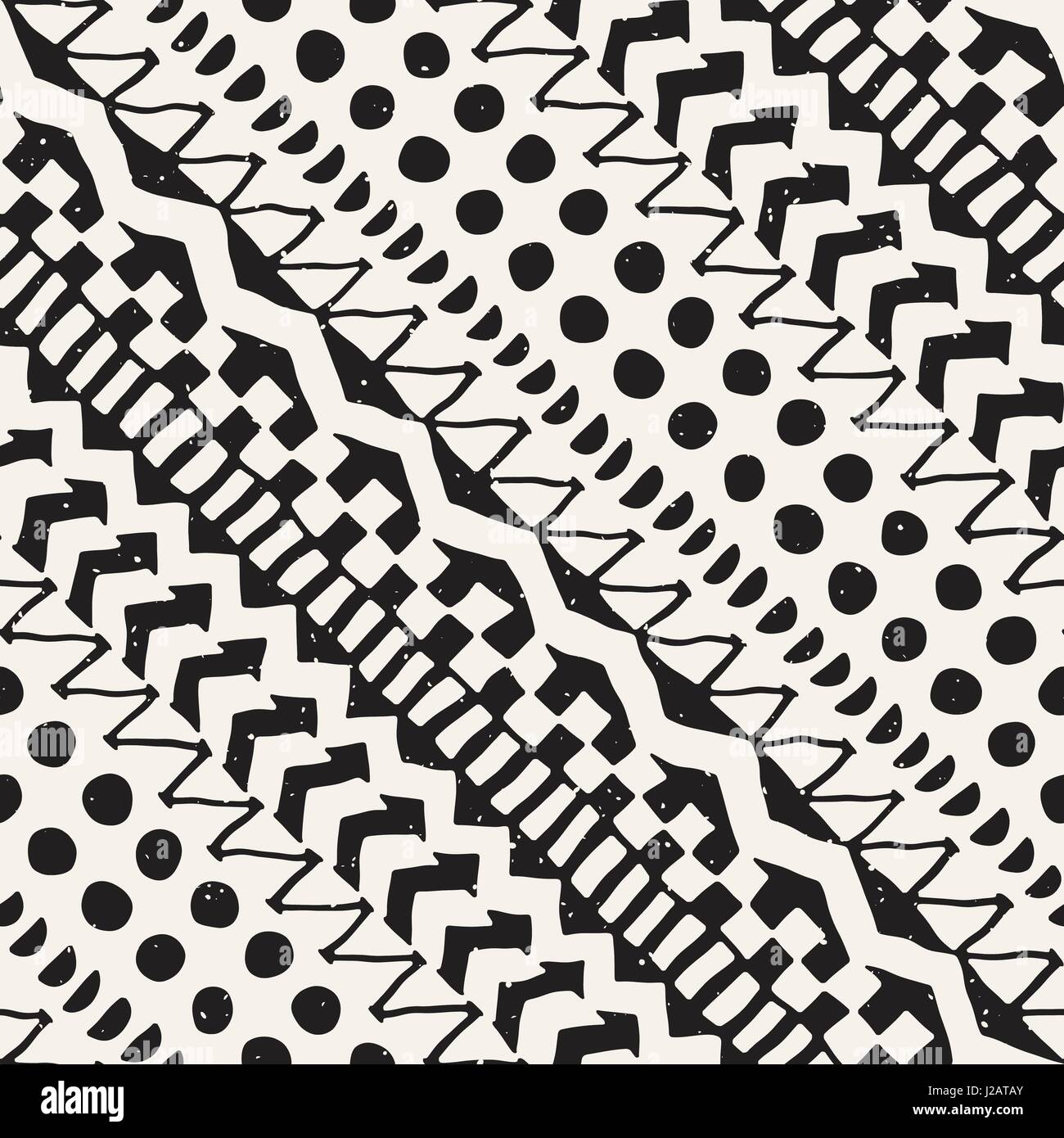 Black and white tribal vector seamless pattern with doodle elements ...