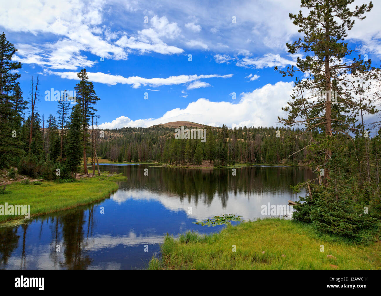 This is a view of Butterfly Lake near the top of the Mirror Lake Scenic Byway in the Uinta Mountains, about 30 miles north of Kamas, Utah. Stock Photo