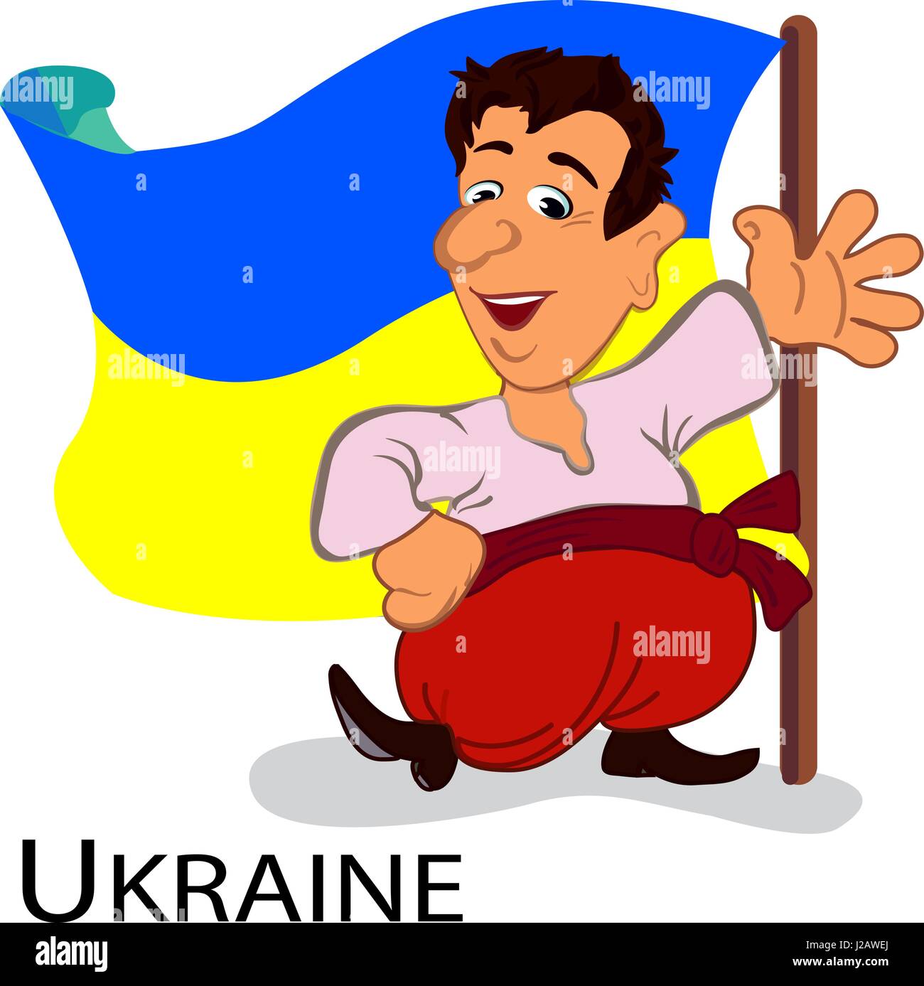 Ukrainian man in their national costume. A cheerful character. Black Text Ukraine. Stock Vector