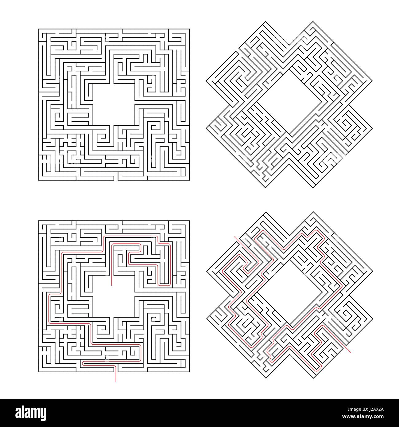 Complicated labyrinths with red path of solution isolated on white Stock Vector