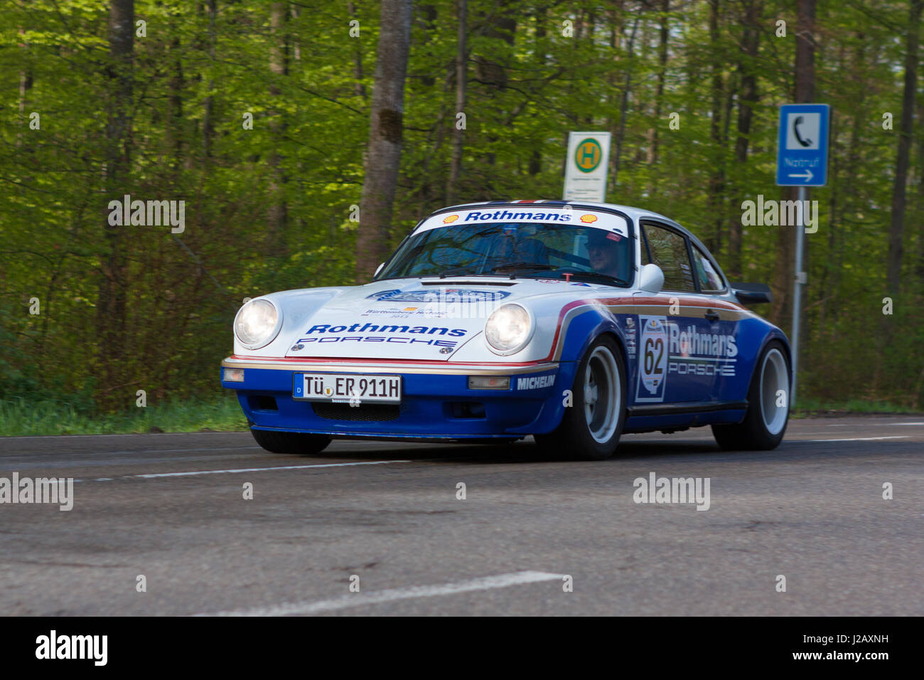 HEIDENHEIM, GERMANY - MAY 4, 2013: Ernst Richter and Annette Friess in their 1981 Rothmans Porsche 911 at the ADAC Wurttemberg Historic Rallye 2013 on Stock Photo