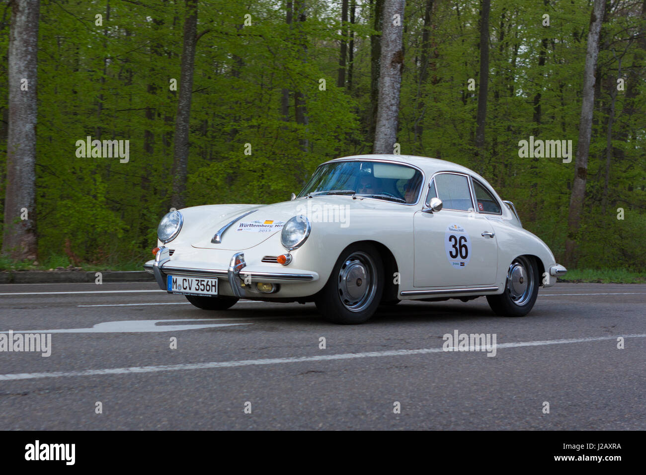 HEIDENHEIM, GERMANY - MAY 4, 2013: Dr. Thomas Strieder and Thomas Heinze in their 1965 Porsche 356 Coupe at the ADAC Wurttemberg Historic Rallye 2013  Stock Photo