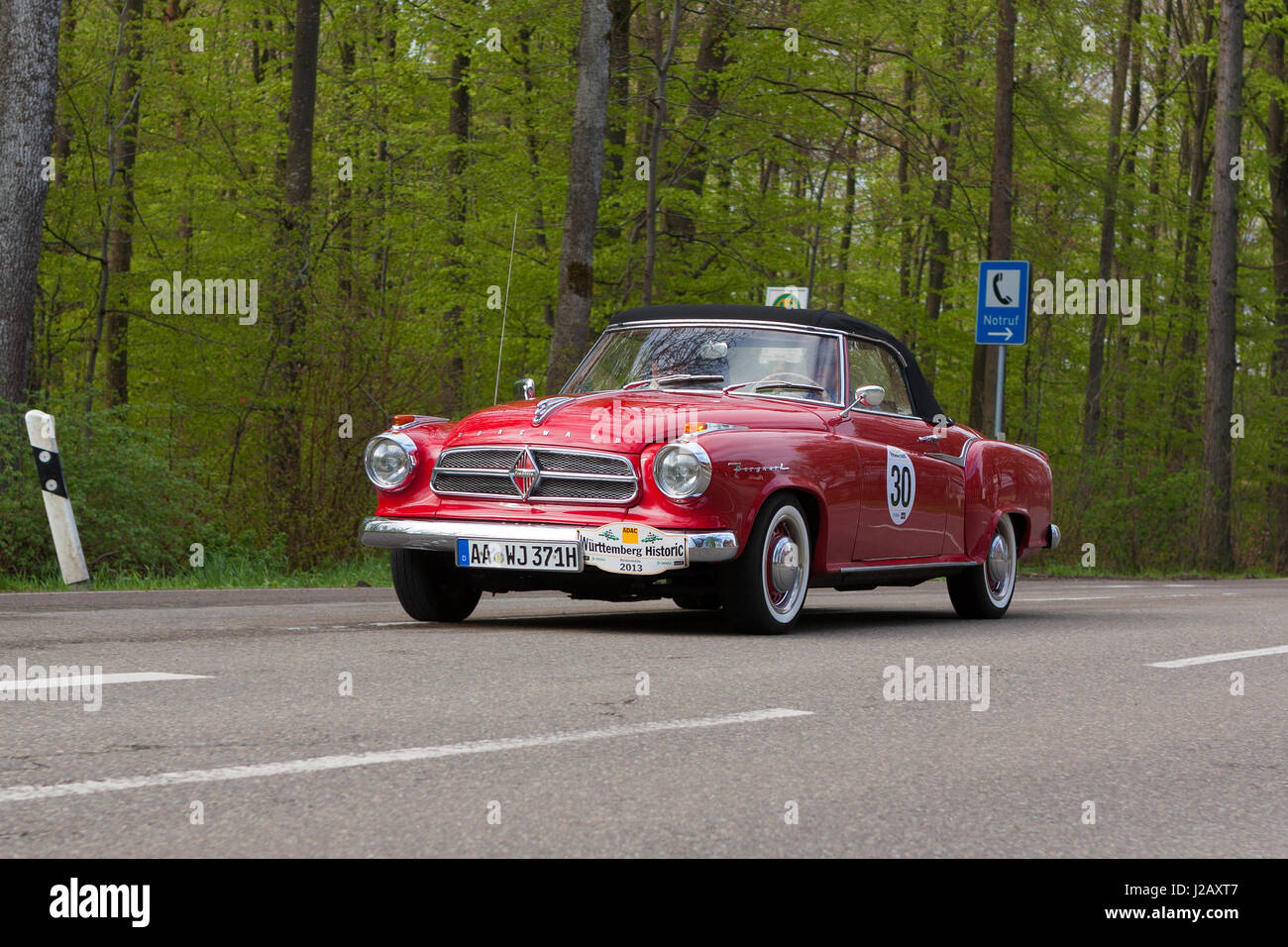 HEIDENHEIM, GERMANY - MAY 4, 2013: Fritz Wohlfarth and Ulrich Frank in their 1959 Borgward Isabella Coupe Cabrio at the ADAC Wurttemberg Historic Rall Stock Photo