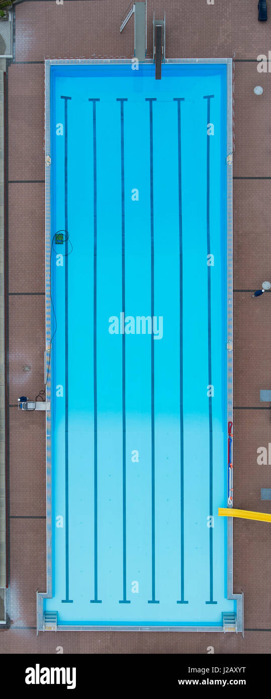 Directly above view of swimming pool with diving boards and slides, Sindelfingen, Germany Stock Photo