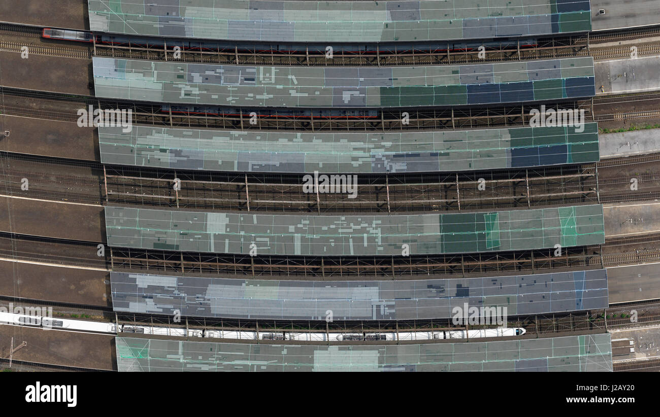 Directly above view of train station, Duisburg, North Rhine-Westphalia, Germany Stock Photo