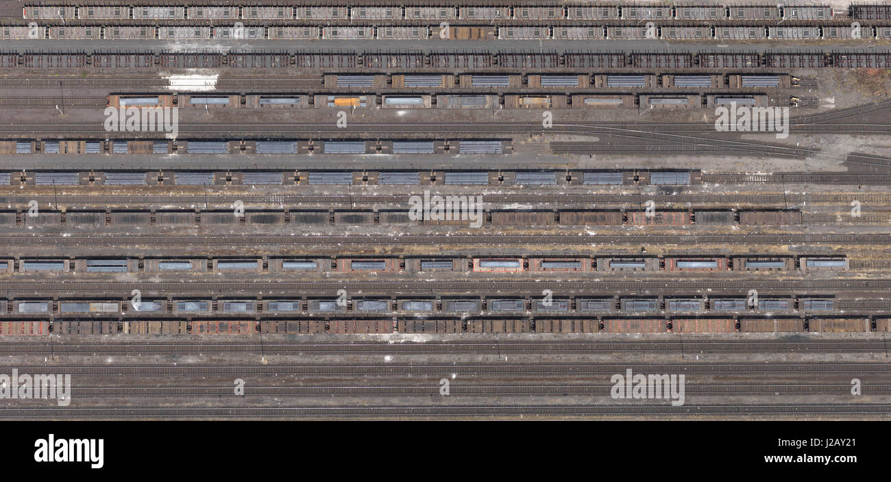 Aerial view of freight train carriages and tracks, North Rhine ...