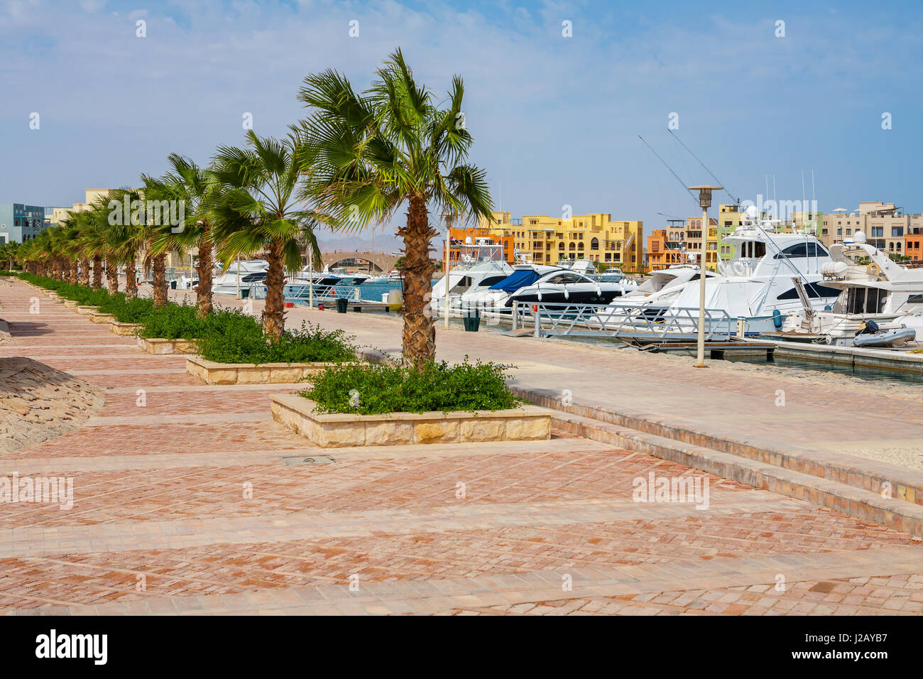 View of promenade at Abu Tig Marina. El Gouna, Egypt, North Africa Stock Photo