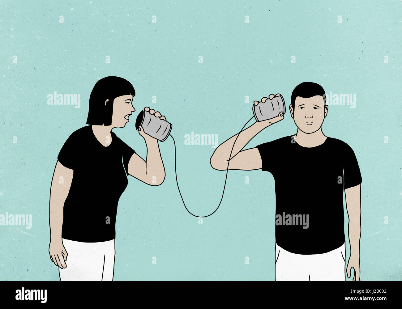 Illustration of couple communicating through tin-can phones against colored background Stock Photo