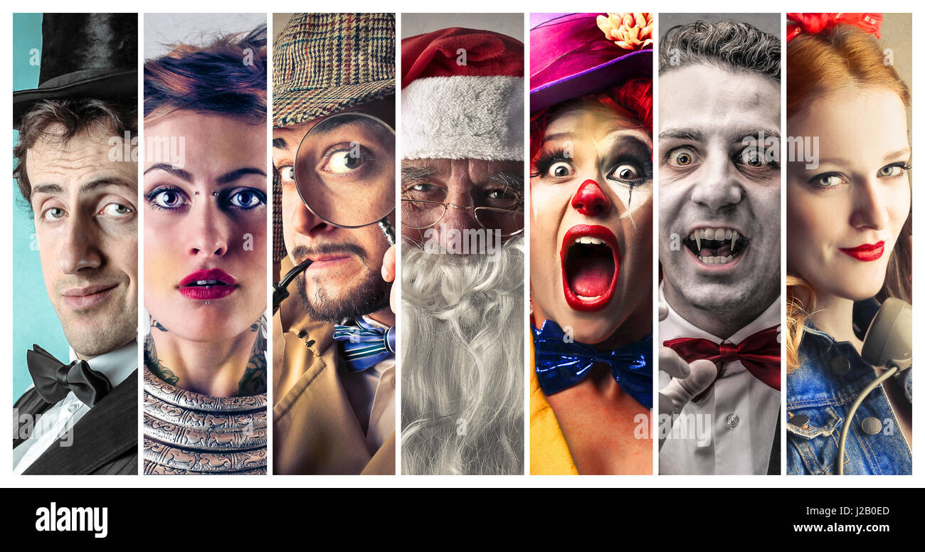 Collage of different people (magician, clown, Santa...) Stock Photo