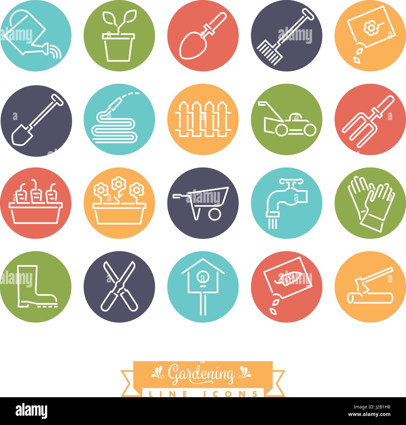 Vector collection of 20 round colored gardening line icons Stock Vector ...