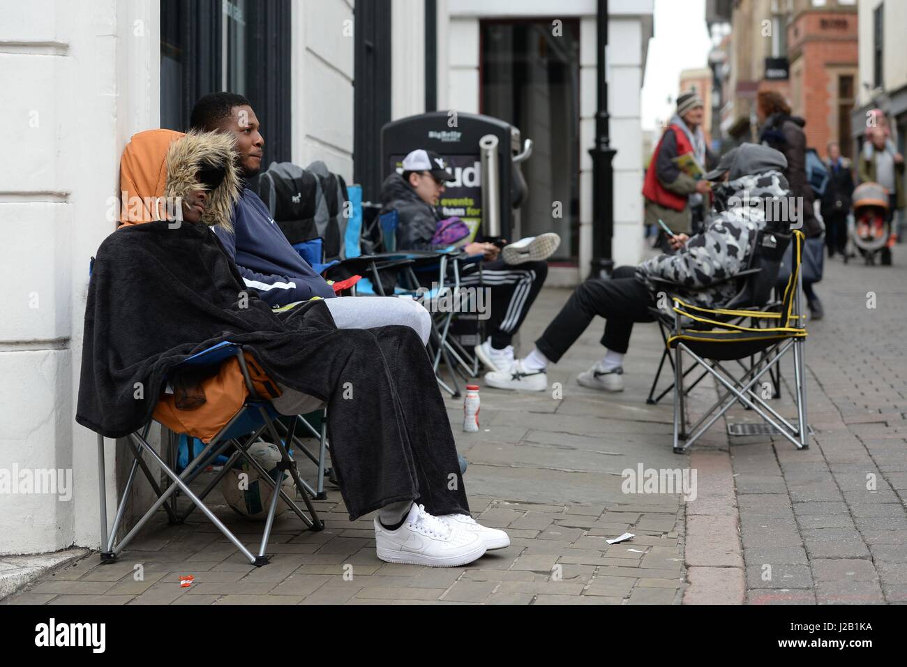 Fans camp outside fashion retailer 18montrose in Nottingham for the Adidas Yeezy  Boost 350 V2 trainers, the latest footwear to be released by American rap  star Kanye West and Adidas, which go