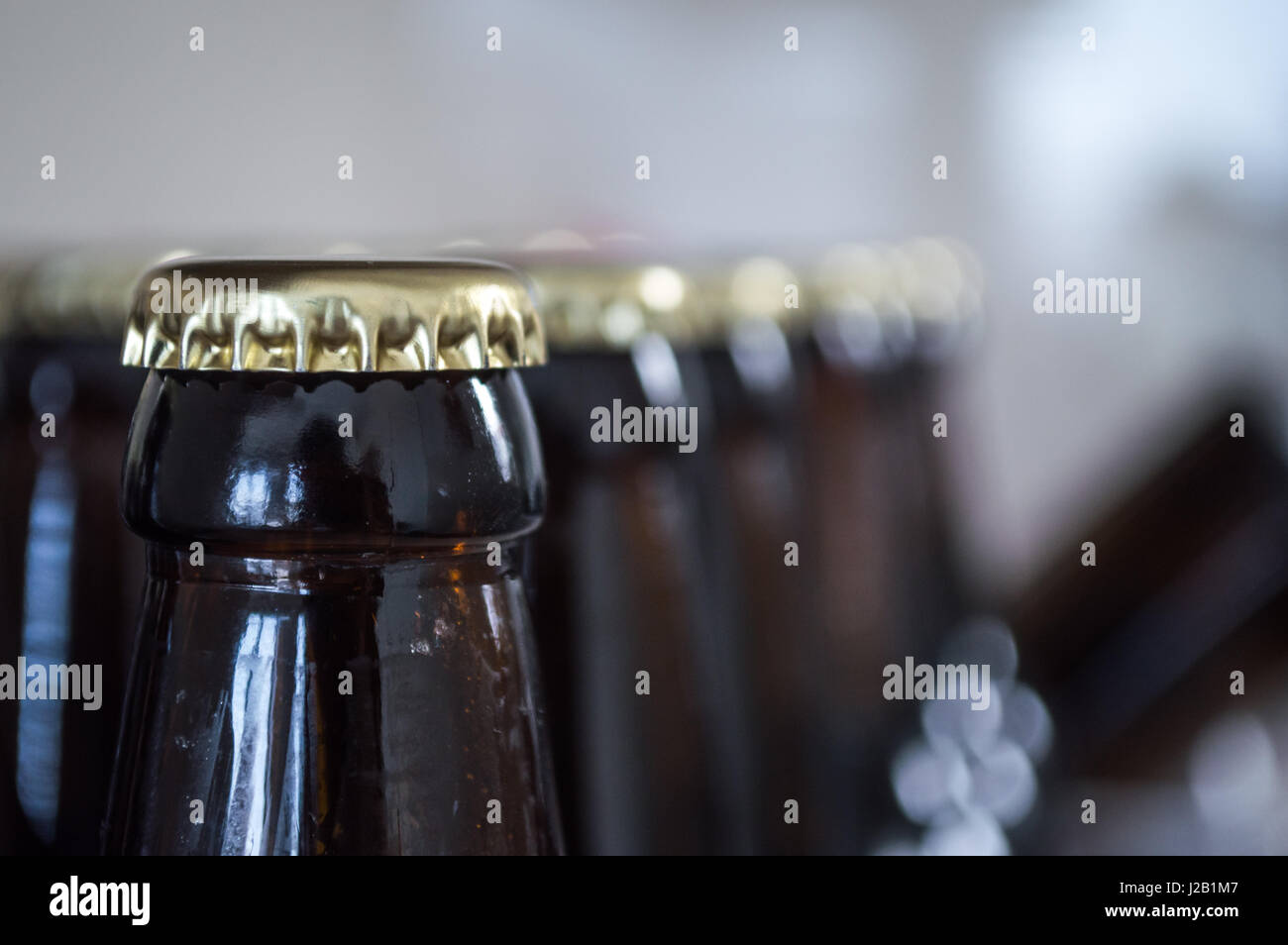 Beer Bottle Caps/Necks in a Row Close Up Stock Photo